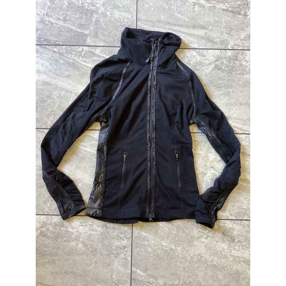 Zella Womens Black Lace Mesh Trim Full Zip Athletic Track Jacket XS Funnel Neck